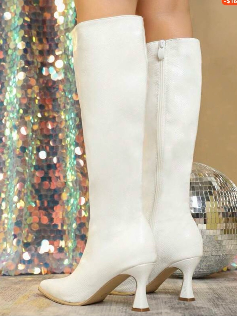 Amazon White Knee-High Pointed Toe Heeled Boots - Picture 1 of 4